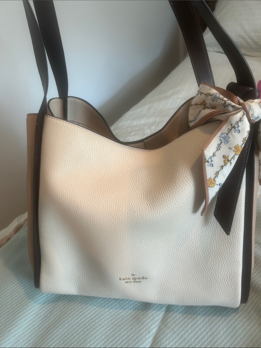 kate spade Cream Pebbled Shoulder Tote with Floral Scarf Accent